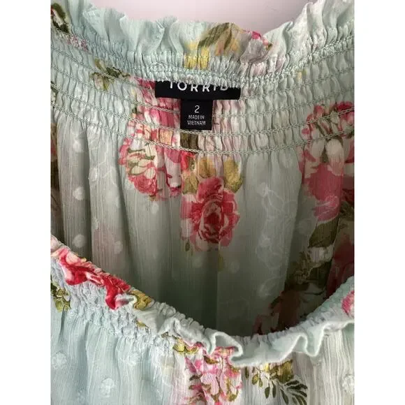 Torrid Off Shoulder Sheer Lace Swiss Dot Top Plus Size 2 2X Green Pink Boho Chic - Picture 4 of 10